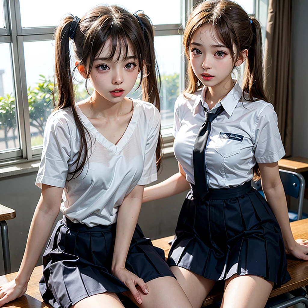 (High , Pleated mini-skirt:1.3), ((high-school uniform)),bow ribbon、 17 age, 2girls,  Twintail hairstyles,
