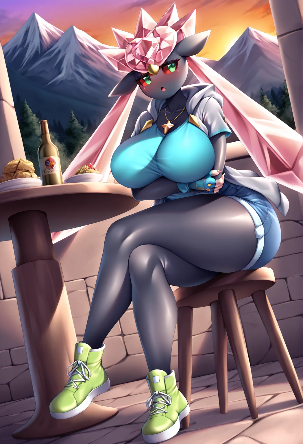 8k, female wolf girl, obese model, fat, big ass, large tits, smile, wearing a mini-skirt and halter top, posing suggestively in on a hiking trail, (splashed, spilted, milk ((on body))), sweat, brown fur, sultry and alluring, very beautiful, teasing, sexy posing, very very very short dress, black very short dress, taking pictures from behind, kneeling
