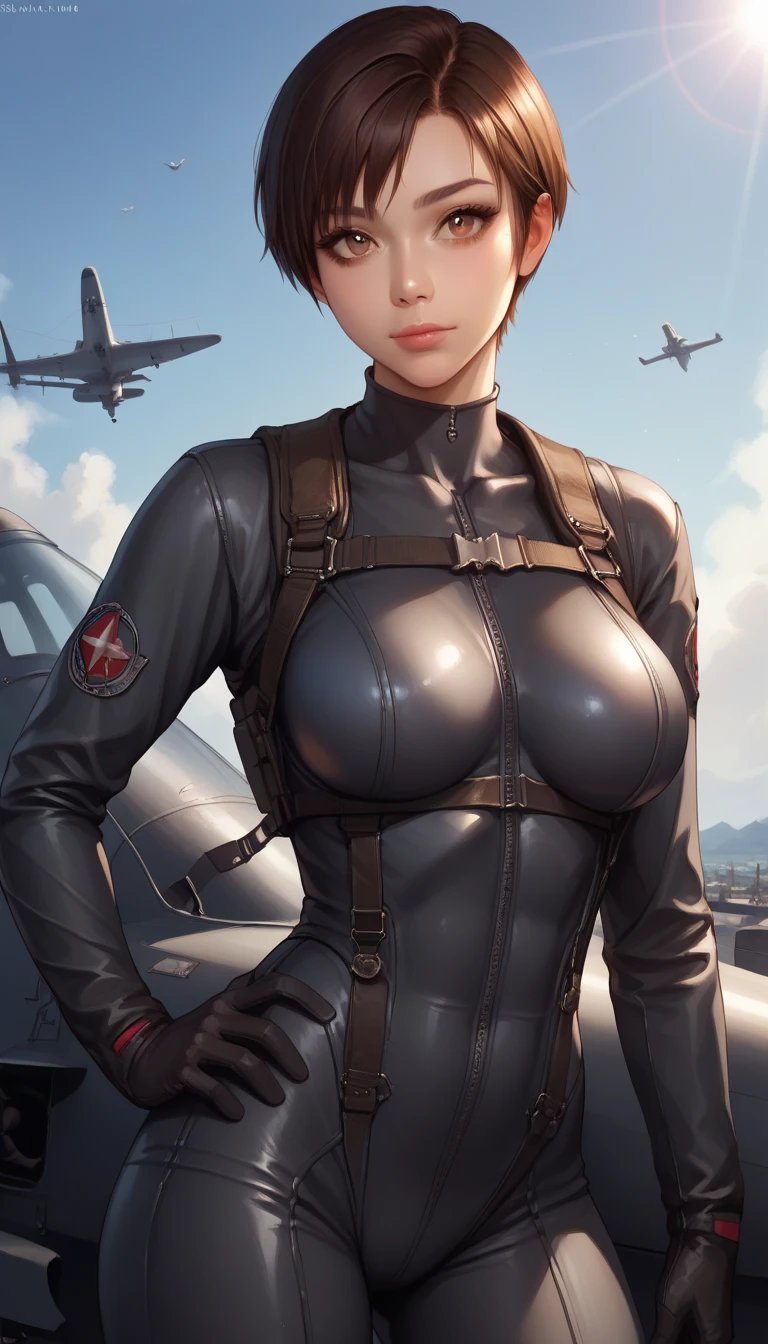 photo of mlp Meowko, RAW, beautiful woman, ((portrait)), ((detailed face:1.2)), ((anime face, anime facial feature, clear skin, glossy anime lips, clear skin), (short lesbian haircut, brunette: 1.55), (perfect proportioned body, Strong, muscular, narrow waist, narrow hips, skinny, large breasts), (she is wearing a black leather one piece, black widow cosplay, utility belt, black leather fingerless gloves, unzipping suit, cleavage), kneeling on a crate, splits kneeling, legs apart, hands behind back, aircraft carrier, military, ocean, aircraft carrier, military, ocean, (realistic photo, best quality, detailed), (8k wallpaper), (bright cinematic lighting, lens flares, beautiful light, (noon:1.3)) (sharp focus, intricate)