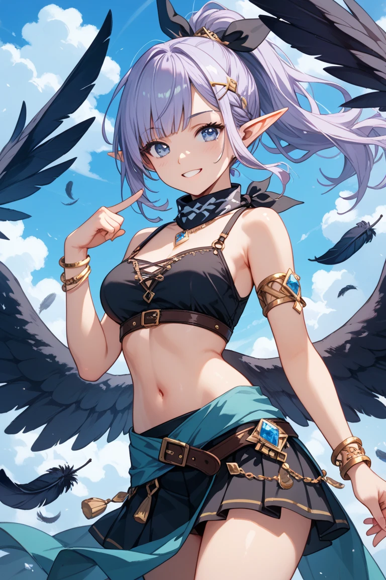 1girl, slim, (harpy wings:1.4), (ragged clothes:1.2), tribal clothing, (clouds), (two-tone hair), (bobcut), solo focus, (depth of field, ambient lighting, blurry foreground, blurry background:1.3), (mountain peak:1.3), sakura flowers, grass, stones, (full body:1.2), pointed ears, pose, (confetti:1.2), (feathers:1.3), colored wings,