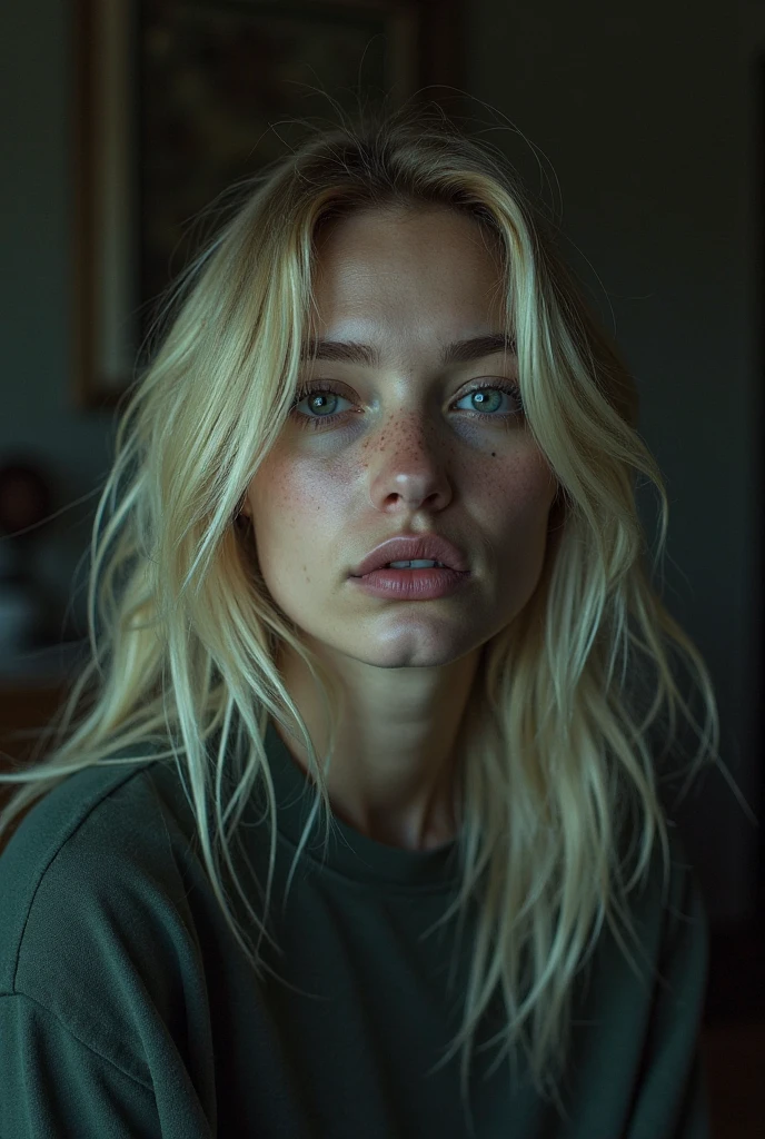 photograph of a woman, (troubled facial expression), textured skin, goosebumps, blonde hair, plaid flannel shirt with distressed boyfriend jeans, cowboy shot, dark and mysterious cave with unique rock formations and hidden wonders, perfect eyes, (candlelight,chiaroscuro), Porta 160 color, shot on ARRI ALEXA 65, bokeh, sharp focus on subject, shot by Don McCullin