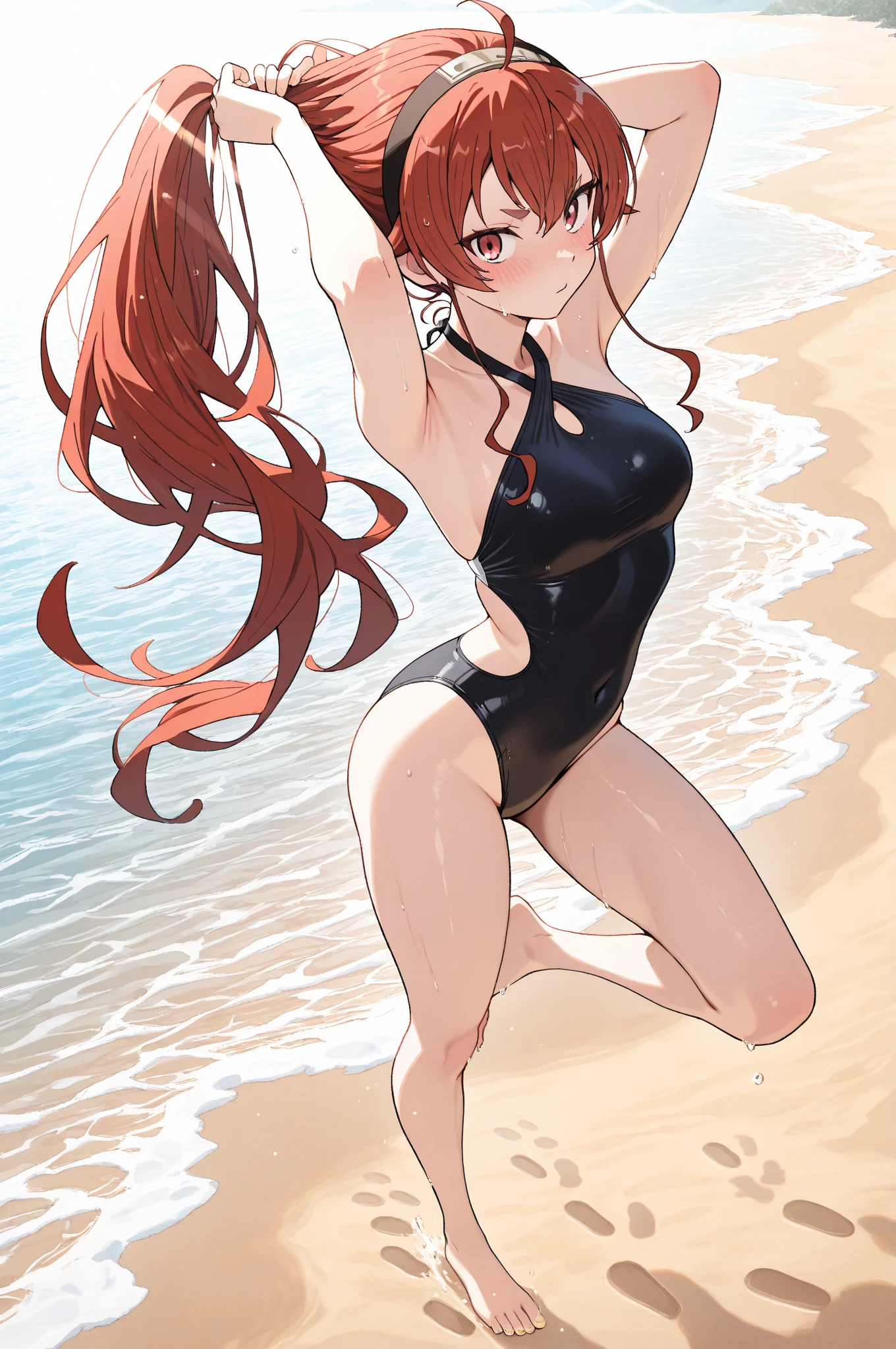 arms behind, masterpiece, top angle, camera gaze, one girl, cute, slender, black bikini, big, sagging breasts, sweaty, bright, shining skin, depth of field, sharp focus, detailed eyes, clear eyes, realistic eyes, delicate facial features, high resolution, (hyper detail: 1.2), trembling, anguish, sad smile, restraint, shyness, (teary eyes: 1.5), (thick thighs: 0.4) micro bikini,micro bikini,red hair, long braided hair, golden eyes,squatting,open legs