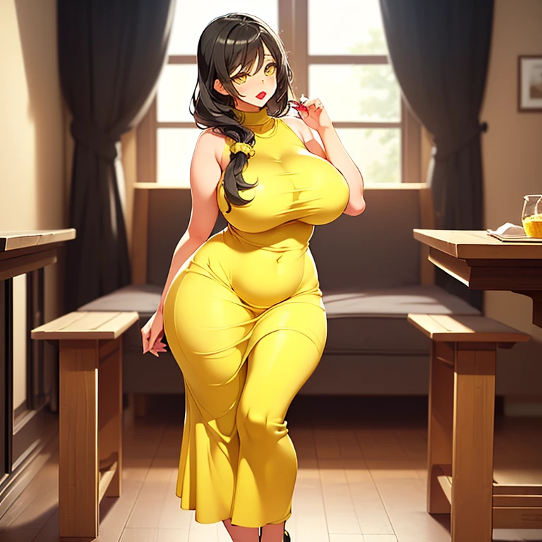 Beautiful sensual and erotic woman with curvy body, white girl, cheveux longs et noirs, frange, (double braid hairstyles), ((big curvy body,)), Taille la plus large, thick, beaux seins bien ajustés, Curved Accented Loot, detailed sparkling olive green eyes, les yeux sont vert olive, long cils, sourire sensuel, cuisses thickses, sourit avec incertitude à la caméra, ((wearing a orange shirt micro dress, open neck,)), art exhibition, bracelet, photorealistic, chef-d&#39;artwork, Bokeh, volumetric lighting, ambiance sensuelle, Full body view, smile, (big ass), passers-by look at me, ass exposed,