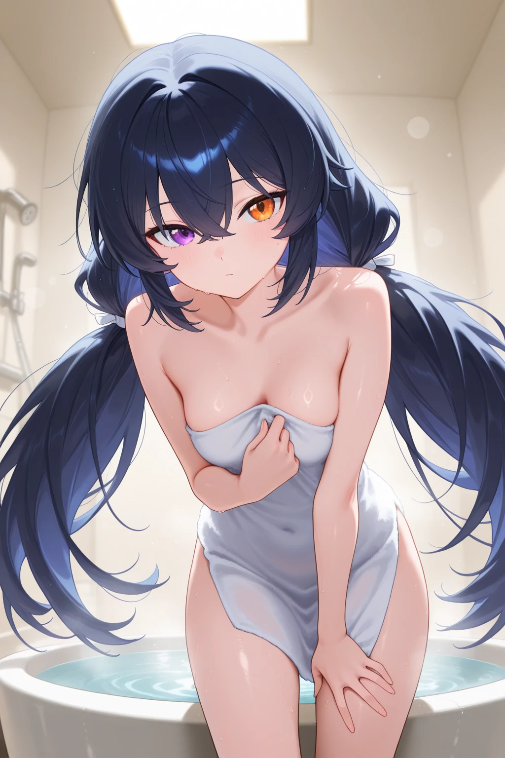 独奏, 1girl, purple hair, ponytail, hair ribbon, long hair, Blue eyes, makeup, 15years old , large breasts, 独奏, nsfw, nipple, , naked, Bedroom, Peeing, lactation, projectile lactation, , Sweating profusely, Love juice, Wet Woman, female ,
