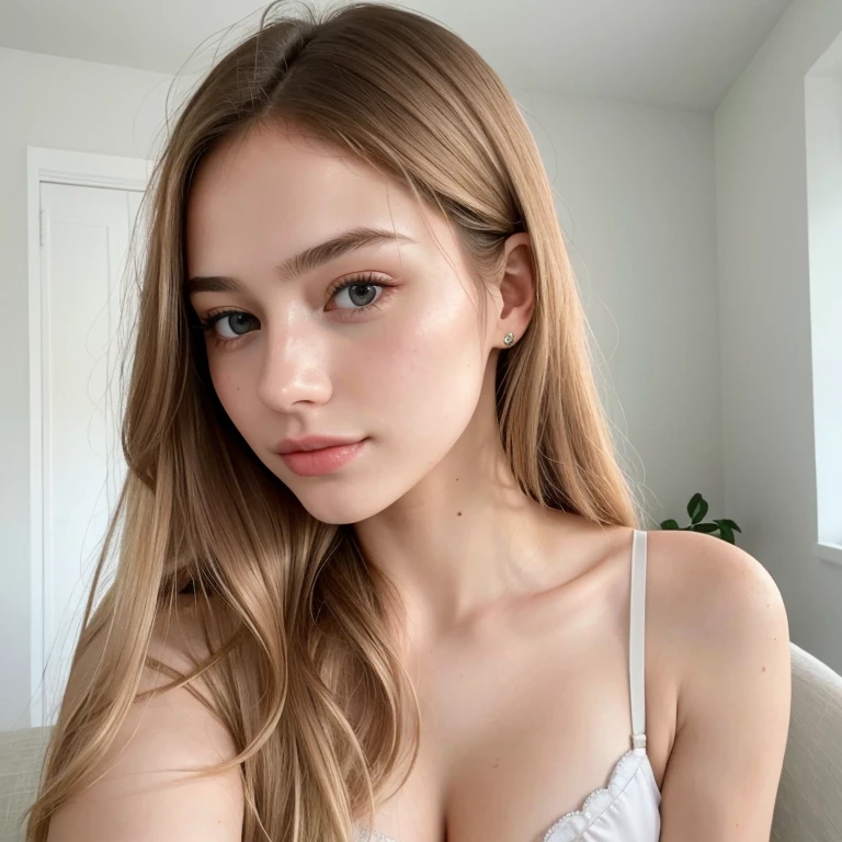 Jeune russe de 25ans, cheveux long blond, detailed face, yeux bleus clair, grosse levre, corps naturels , dans une chambre, Lipstick, petit sourire en coin, reflection of light on his face, visage fin, taille fine , half-naked