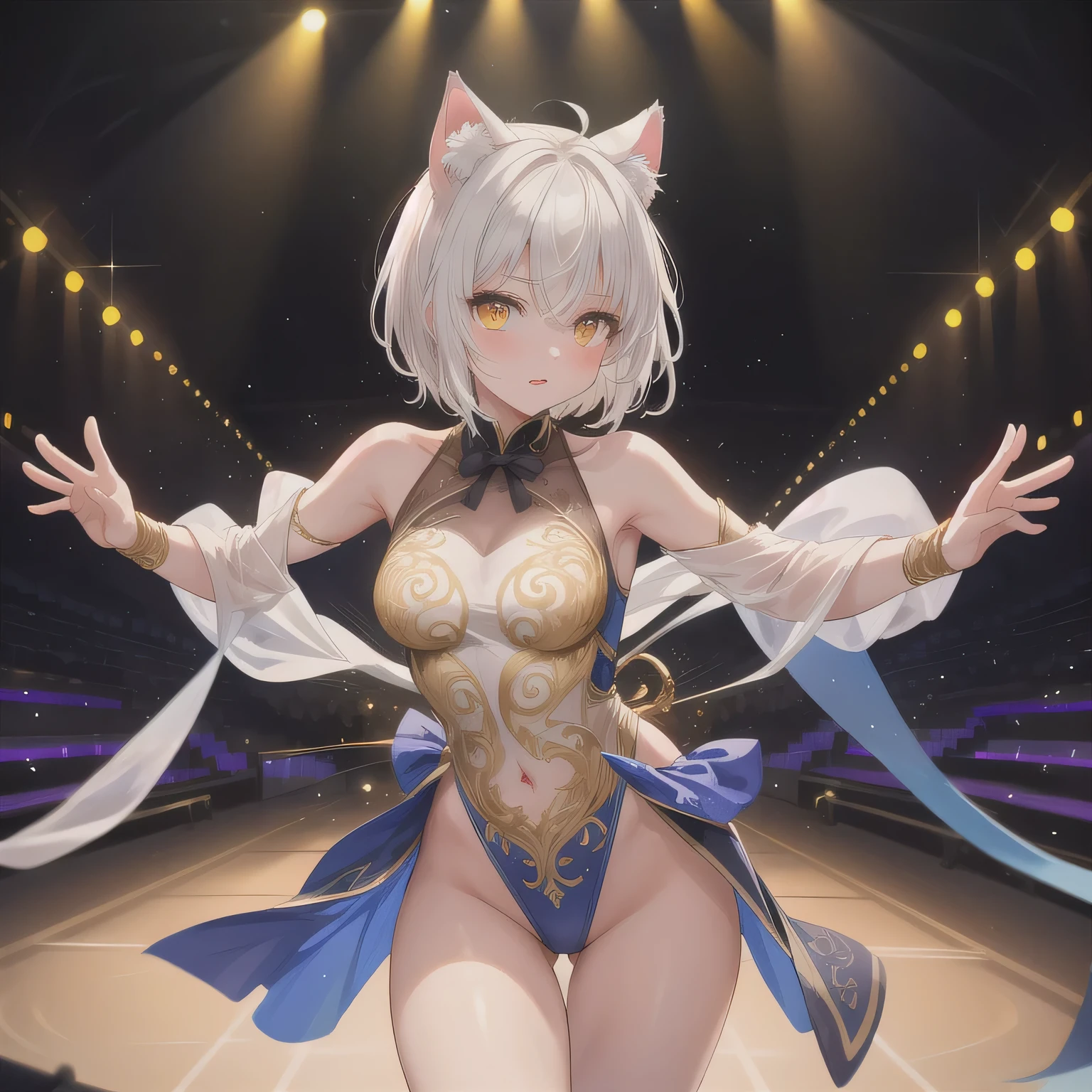 Dynamic view of the whole body, Arte profesional del anime, anime, Female cat 19 years, muy , Orejas de gato, Pelo corto azul, flequillo, vestido blanco muy corto, Viento ascendente muy fuerte, (Mirando al espectador: 1.1), estilo Egipto, pharaoh, Ropa interior muy corta, --V5, cerca de real, cara: (symmetr, seductor y placentero), pose sexy, Traje de 2 piezas, seductora profesional , Figura delgada con cuerpo perfecto, centrado, Una jungla con fuerte lluvia, alto contraste, HDR (High Dymanic Range), Trazado de rayos, NVIDIA RTX, Super resolution, Irreal 5, Sub-Surface Scatterring, Textura PBR, Post-procesamiento, Anisotropic filtering, Profundidad de campo, Maximum clarity and sharpness, Texturas multicapa, Albedo y mapas especulares, Sombreado de superficies, Accurate simulation of light-material interaction, proporciones perfectas, Renderizado de alto octanaje, two-color illumination, Amplia apertura, ISO bajo, 8k,camara canos eos profesional lens 50mm