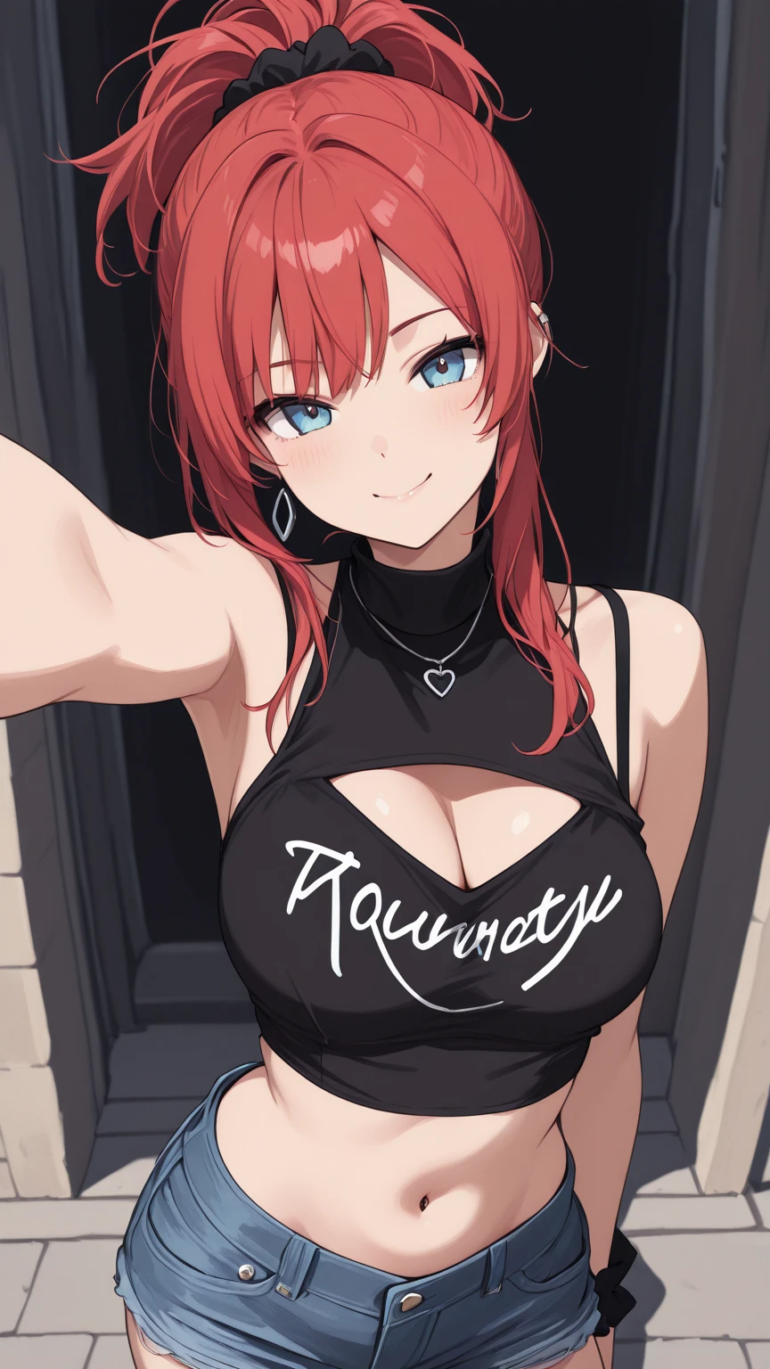 (masterpiece), best quality, expressive eyes, perfect face, busty, cleavage, large breasts, bare arms, smile, simple red background, muscular body, pyra, pyra \(xenoblade\)
