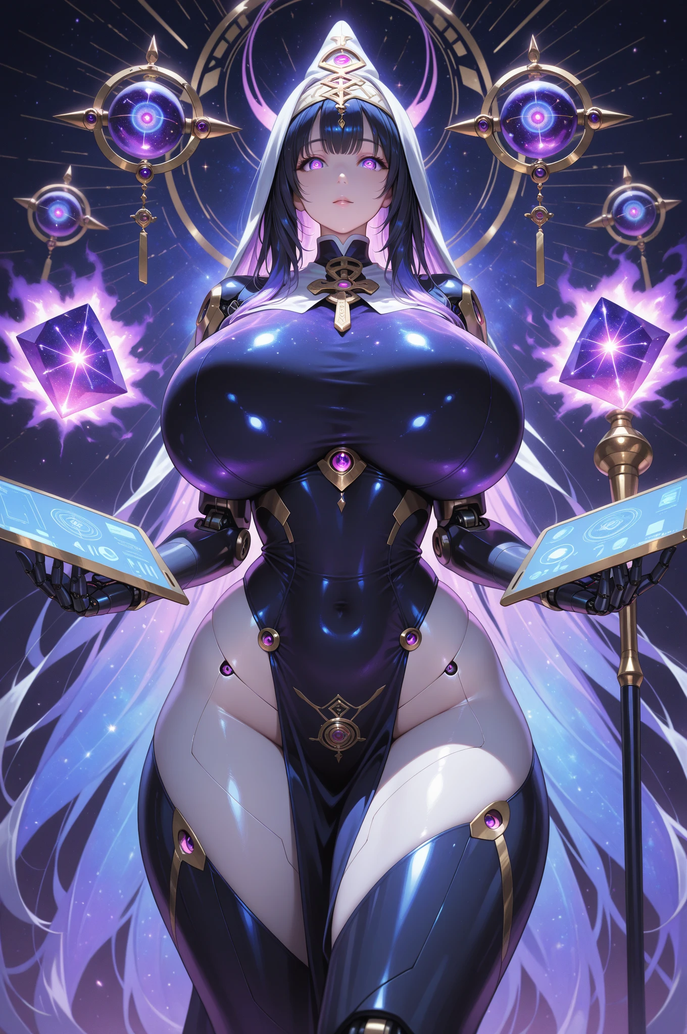 1 confident woman with floor-length purple hair, huge and big breasts, Futuristic royal costume in white with black and gold details, tall woman, blue detailed eyes, sitting on the throne of skulls , judgmental look, golden metal skulls, sovereign pose, cyberpunk queen