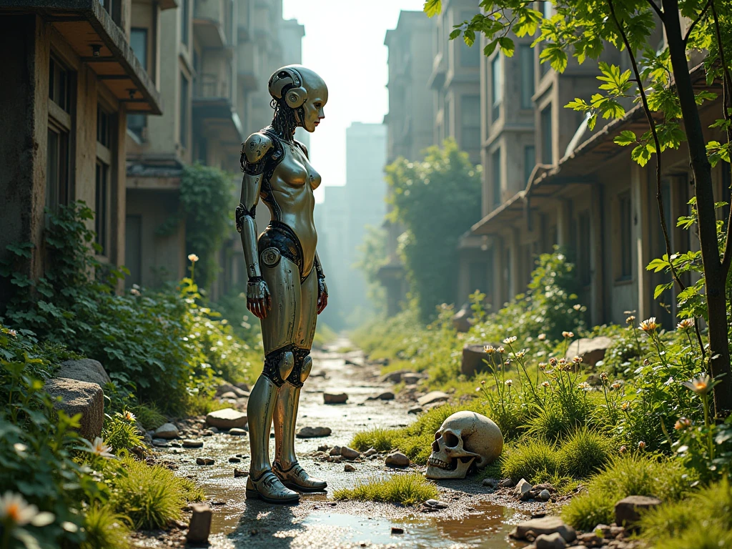 In a devastated city、A scene that evokes the silence after people have disappeared。Vegetation grows between the buildings.、Rusted iron and crumbled concrete are scattered around、One humanoid android(woman)is standing there with his back to the camera.。Its existence blends into the city.、A sense of loneliness and the passage of time。