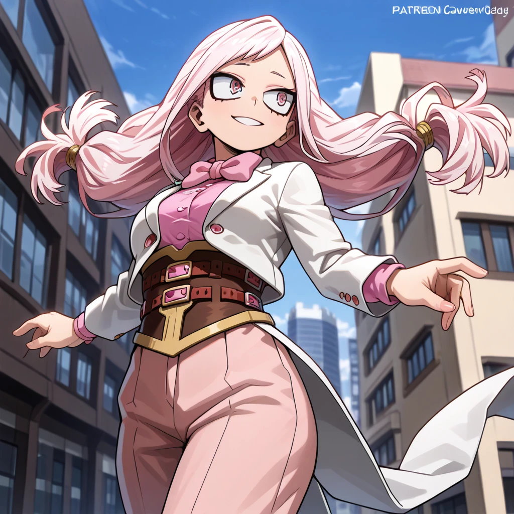 1girl, female focus, boku no hero academia, masterpiece, best quality, very aesthetic, , gray jacket, red tie, white shirt, teal skirt, gray tights, boots, long wavy hair, soft pink hair, deep pink eyes, cute, smile, black horns, beautiful, sunset