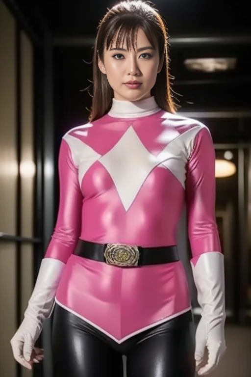 (8k、 highest quality、 masterpiece、 realistic、 Super detailed:1.3)、(Photoreal:1.2)、((Shocking pink and white tight suit、pink mini skirt、long sleeve、belt、body-fitting suit、white boots))、((beautiful japanese woman))、one woman、light brown hair、bangs、straight long hair、Please let your hair down、Big breasts that are about to burst、very big breasts、smart body、confused look、highly detailed face、fine eyes、looking at camera、((Pink Power Rangers Costume))、alone、((Wedding ring on ring finger of left hand))、very oily skin、、Bedroom、
