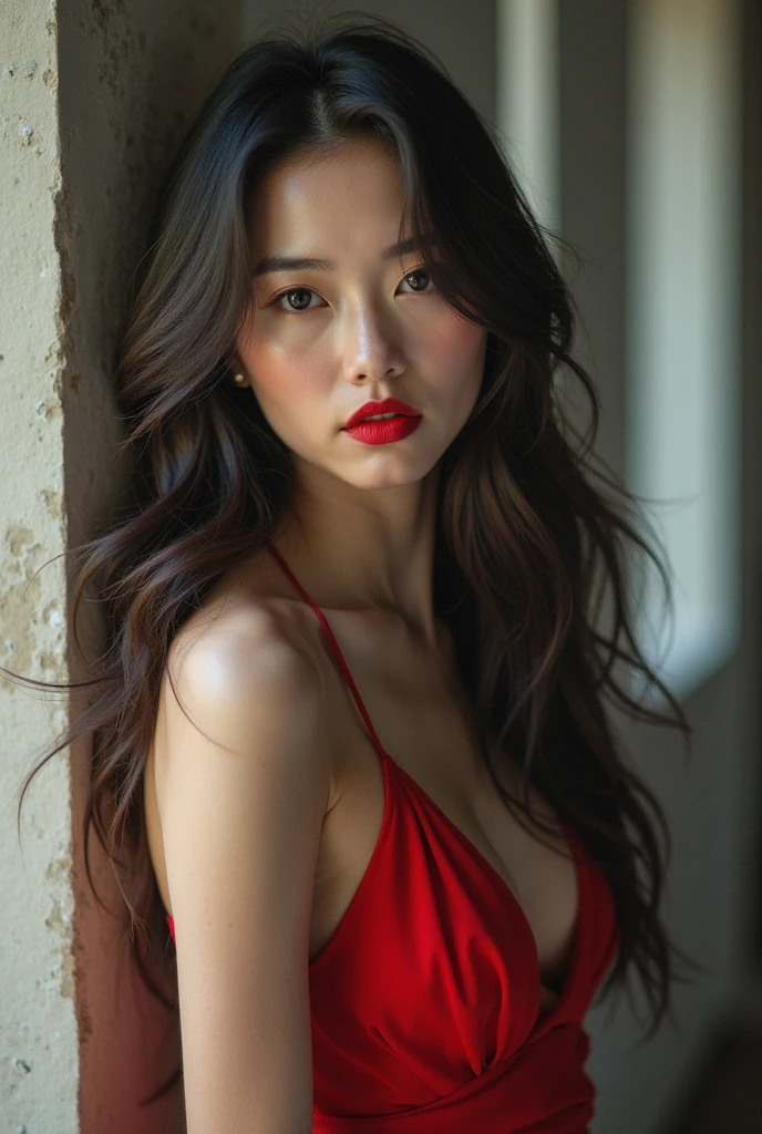 Ace, 4k, High Resolution, Masterpiece, Best Quality, Head: 1.3, (Korean K-pop Idol), Fine Skin, Sharp Focus, (Cinema Lighting), Clavicle, Morning, Soft Light, Dynamic Angle, [: (detailed face:1.2):0.2], armpit wrinkles, thigh gap, red dress, slim, mid-chest, cleavage, full body,