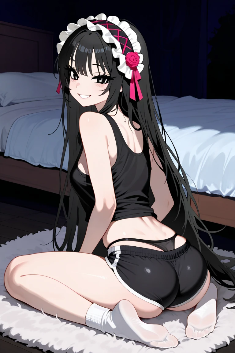 19 year old girl, very pretty, black hair and slanted green eyes, round and thick lips similar to Megan Fox, very long hair posing sexy with full length pink lingerie, with two braids