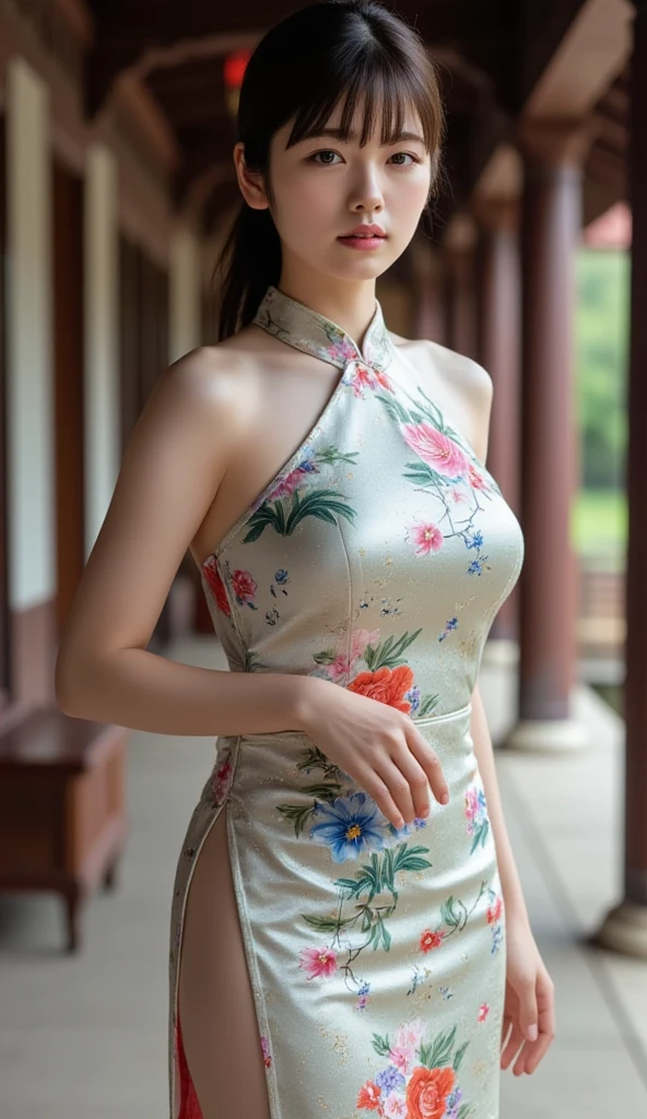 (realistic:1.3), finely detailed, quality, rembrandt lighting, (masterpiece:1.2), (photorealistic:1.2), (best quality), (detailed skin:1.3), (intricate details), dramatic, ray tracing, 1girl, chinese girl, 21 years old, detailed skin texture, (blush:0.5), (goosebumps:0.5), subsurface scattering, smiling, medium breasts, hair bun, bangs, hair between eyes, chinese dress, cheongsam, floral print, (sensu pose, folding fan:1.2), 1girl, cowboy shot, (bright sunny day, outdoors, chinese pavilion, lake, sky), <lora:sensu pose:0.7>