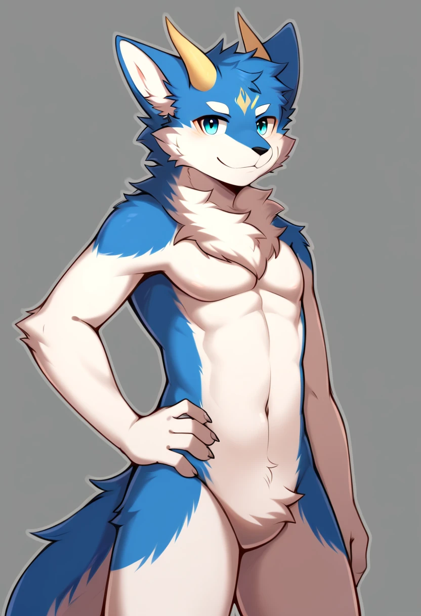 by Seamonsterping, (1boy), solo, male, (blue wolf), white chest, naked, twink, sexy, handsome, adults, (detailed black eyes), white eyebrows, (a detailed big hard male genital), erection, thick body, nipple; masterpiece, high res, best quality, 8k, nsfw, full body