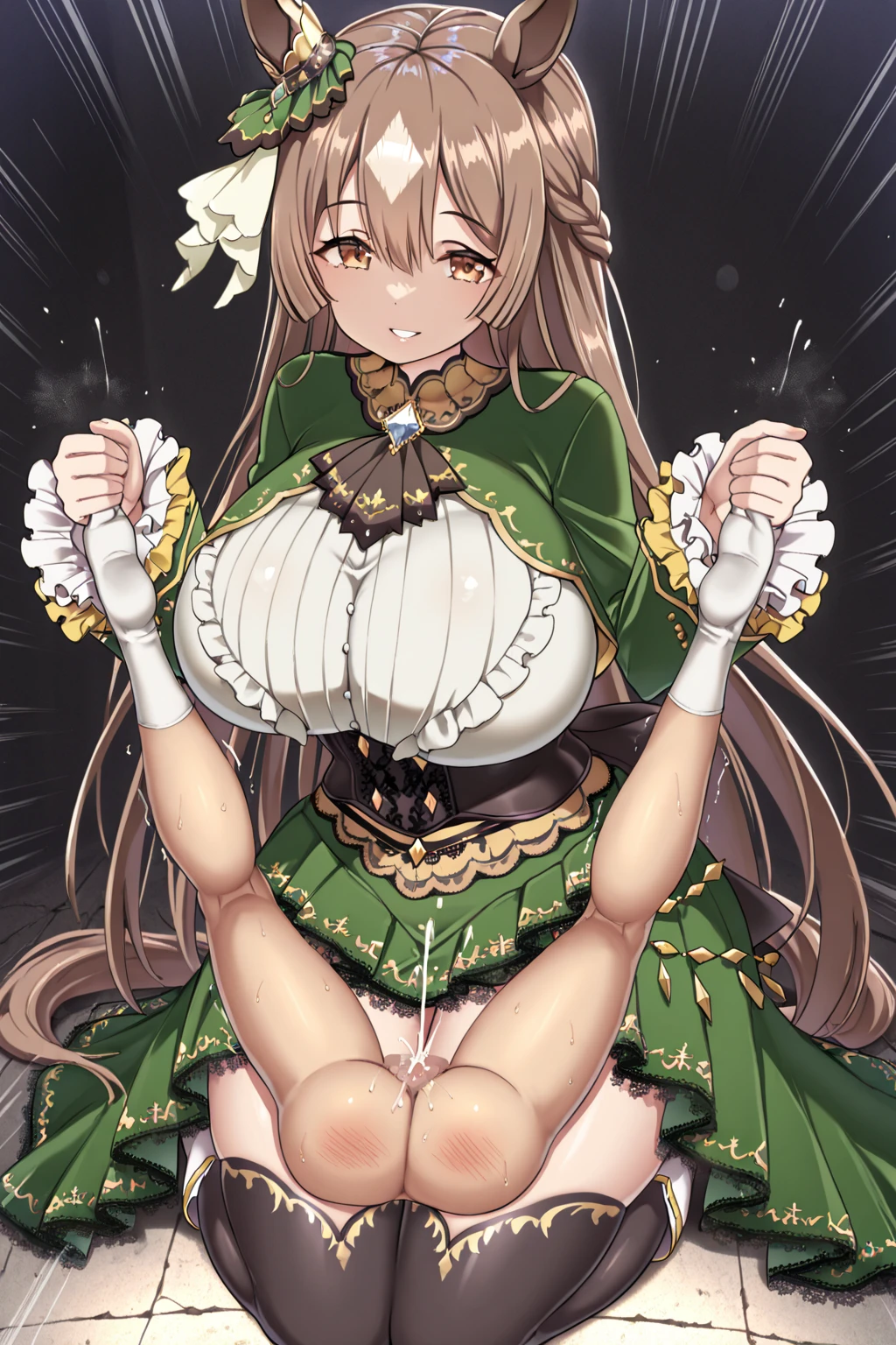highest quality、All limbs、full finger、Slender beauty、straight hair、brown hair、Dereste、green, white and purple idol costume、high socks、beautiful big breasts、live stage、big smile、((tits、nipple、no panties、live stageで性的誘惑してる、spread legs))、Love juice dripping from the pussy