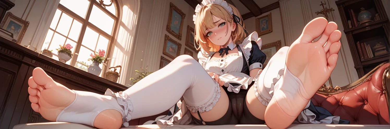 1 girl, Princess Zelda, blonde hair, short hair, blue eyes, soft, soft light, delicate, frills, vagina, dripping wet cum, (small breasts, exposed breasts, nipples), frilly, thighhighs, filigree, choker, ruffles, blue and white, bed, (flirty, soft smile, gentle smile, spread legs), laying on bed, messy hair, laying down, feet kicked up, parted lips, sexy pose, open mouth, miniskirt