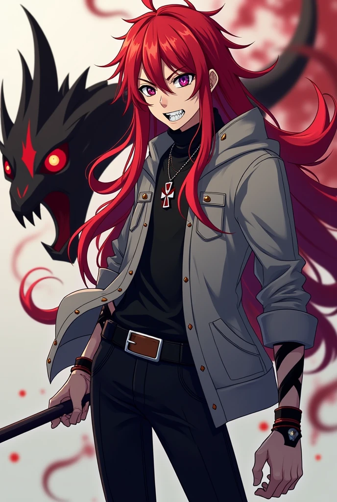 Young man with dark red hair, have wolf ears and claws, wear black loosed shirt and black baggy pants, he's walking around the dark streets of Japan in middle of the night. {Good anatomy, Interesting pose, beautiful colors, good quality, anime style}