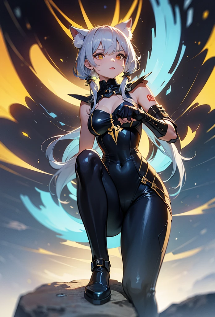 [Shinjuku background at night],(HENTAI ANIME) (Japanese NINJA Girl (Beauty) 15yo student) petite and muscular [Slim & fit body], Short Bob Cut,([hornet] Orange Ninja Battle Armor) scarf [stall] ((Fitting rubber inner) [honeycomb] [edg]) hair adornments (Dull metallic luster:0.8),gravure [KUNOICHI],(Perfectly proportioned),Ideal color coordination),(Intricate and beautiful decoration (Dense detail)),[Perfect hand details],(Beautiful perfect face, yellow eyes, yellow irises, [Perfect eye details, [Full body like], fit thighs, thigh gap,[[Desaturation]], pretty hands, perfect fingers