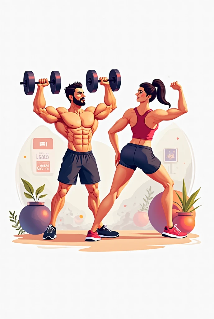 Logo for a gym containing the words Colosso's Body Factory and 0.5 A dumbbell, a bearded man and a slim woman