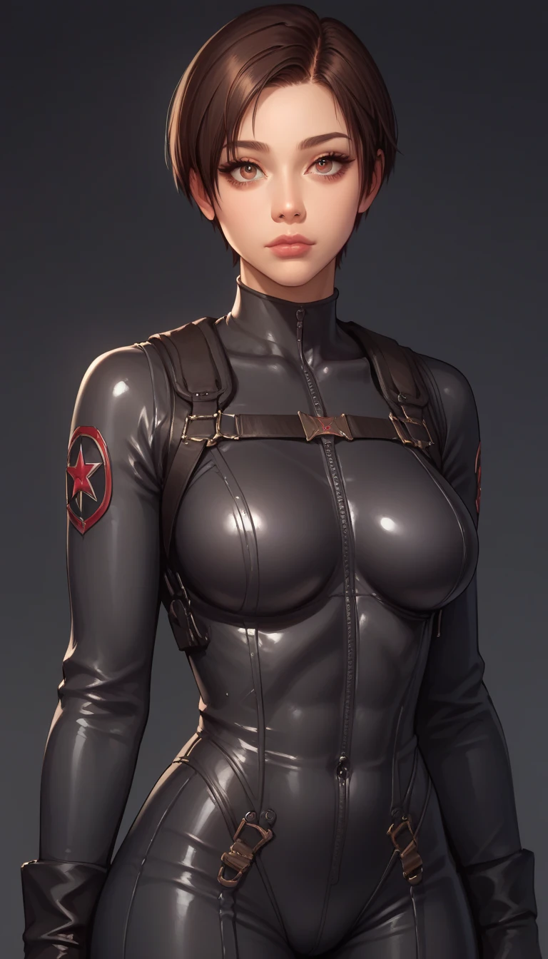 Create a game character of a curvy light brown skin women that looks mean, has short black hair and bangs, and has red eyes.