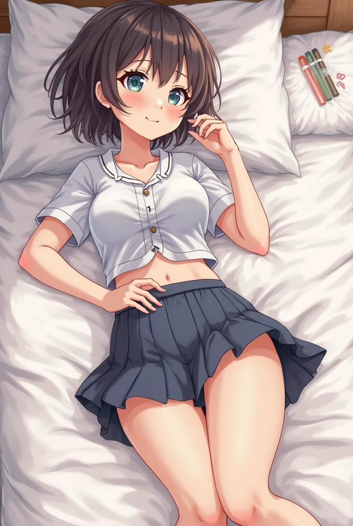 ((((sexy))))ツインターボ, 1girl, breasts, short hair, skirt, brown hair, 1boy, school uniform, hetero, censored, serafuku, solo focus, bag, pillow, pov, stuffed toy, stuffed animal, green skirt, school bag, teddy bear, ooarai school uniform, id card, skirt removed