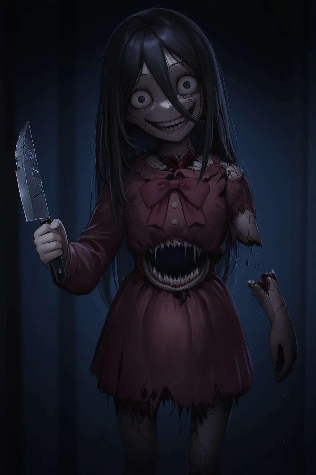 there is a woman with a red bow on her head and a nose piercing, scary look, scary pose, scary face, creepy pose, horror photo, corpsepaint, inspired by Junji Ito, with fangs, scary angry pose, junji ito 4 k, scary smile, shiro from deadman wonderland, horror face, taken with a canon eos 5d