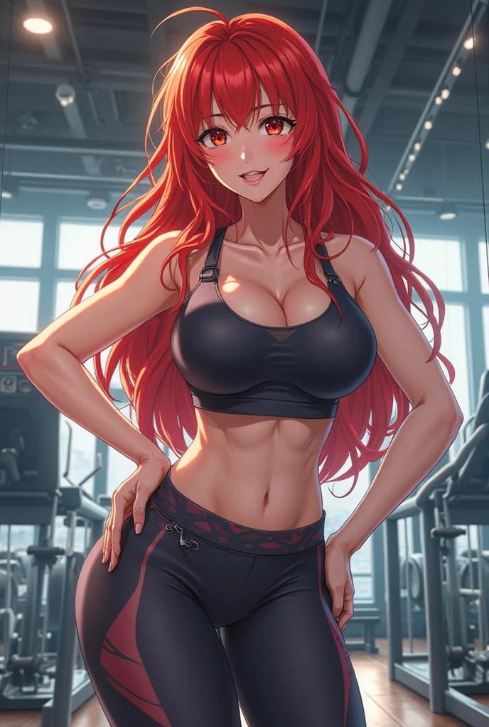 Meke a image of a sexy woman. She was red hair and wolf ears. She is a strong and muscular, she is riped, and is using a t-shirt. She is swating and showing her 6 pack in a selfie. Anime style.