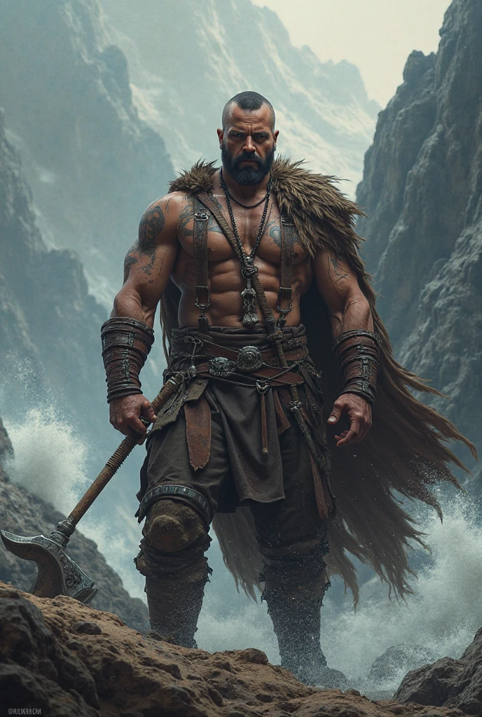 Dark-skinned man with shaved sides Viking, muscular, attractive and manly