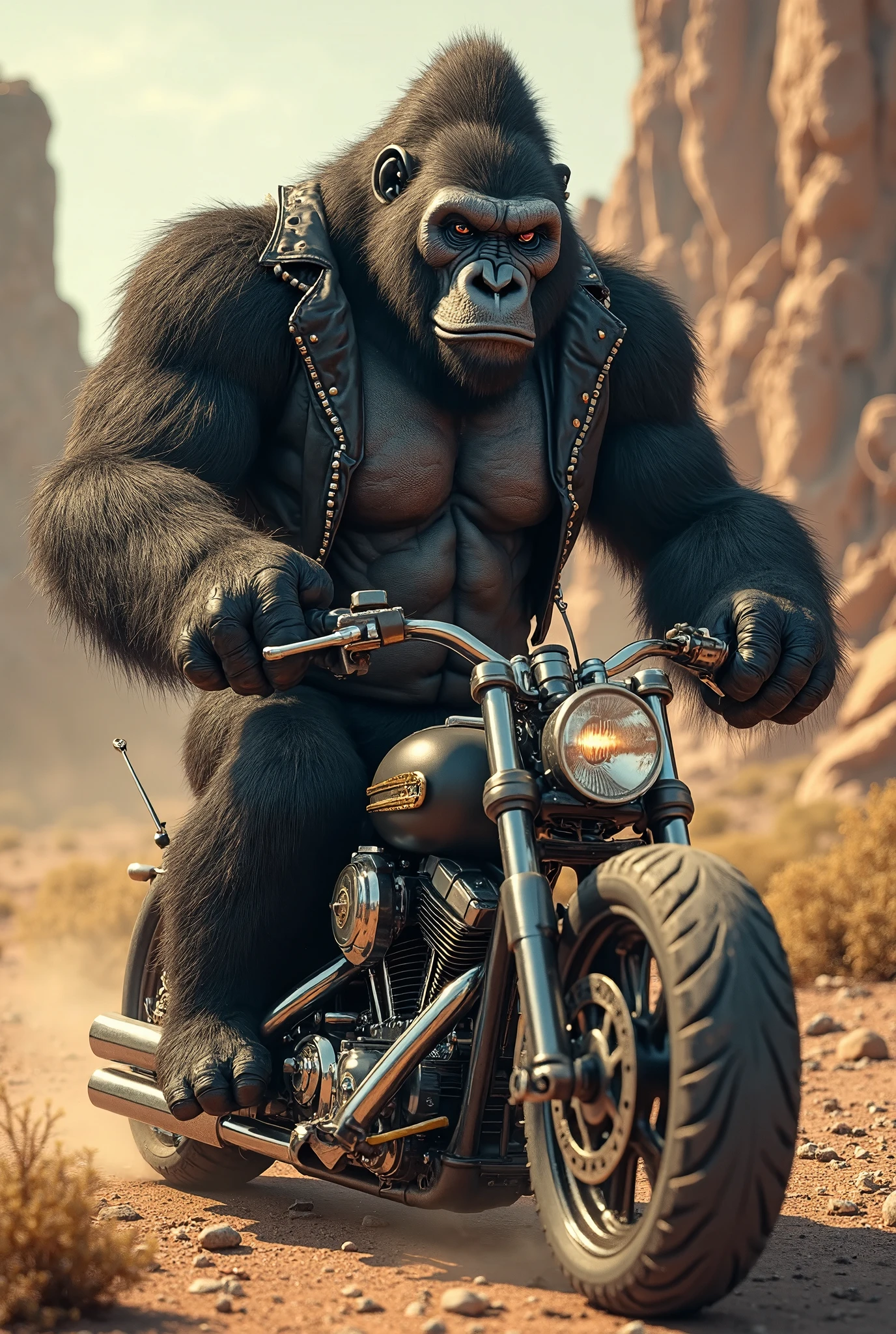 Make a picture of a miner and an ape on his motorcycle fighting over a loaf of bread Mad Max style
