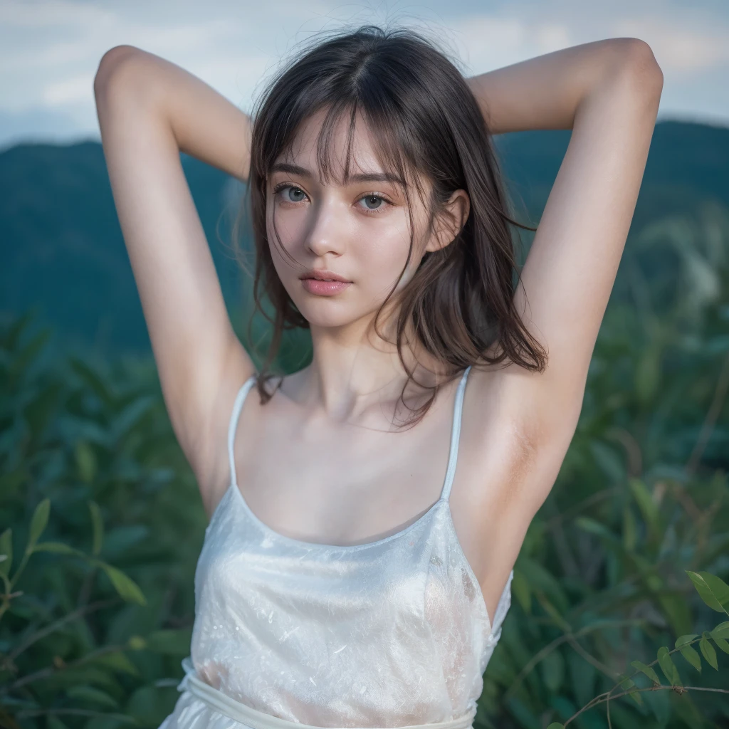 1girl, woman, masterpiece, best quality, highest quality, natural lighting, volumetric lighting, extremely detailed CG unity 8k wallpaper, focused, 8k wallpaper, extremely detailed, ultra realistic, photorealistic, sharp focus, absurdres, (HDR:1.2), (high contrast), photograph, detailed and intricate, instagram, portrait, highly detailed, digital painting, artstation, concept art, smooth, sharp focus, illustration, (whole body:1.3), (breast), (wearing strap tanktop), pale skin, lifelike, arms up, beautiful face, double eyelids, long hair.
