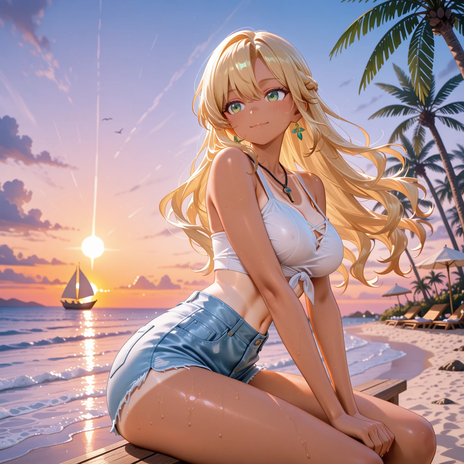 masterpiece, rich colors, Best quality, detailed, high resolution, Hyper quality, high detail, , high quality, detailing, skinny sexy girl on the beach , bright lighting , Brown eyes, Anime, palm trees, bright lighting, blonde,