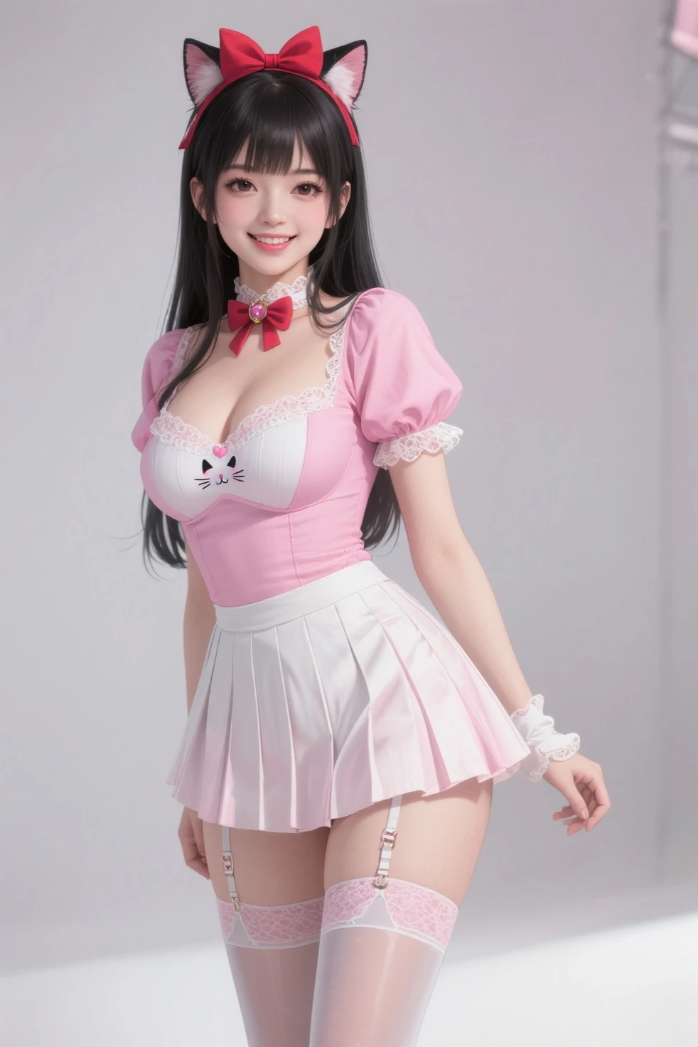 Highest quality、masterpiece、8k、Very detailed、Realistic、(One girl)、(Looking at me with a smile:1.5)、whole body、(Black Hair)、Small face、(Slender:1.2)、(Big Breasts:1.2)、(Pink shirt with buttons and a ruffled collar:1.2)、(Pink short skirt with frills:1.2)、(Black thigh-high socks)、(Black garter belt)