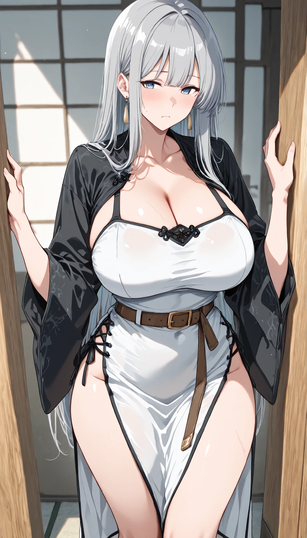 8K, 4K, Best Quality, High resolution: 1.2), (Masteristic, Realistic, Photoreal: 1.4), One Woman, Beautiful face, she is smiling、Shining Lipin Eyes, Beholder, Fair skin, White skin: 1.5), fine complexion, Big, Big, Silver hair color、Bangs, Hair ornaments, with two sides up,, 年轻, s asack-view、big butts、Colossal tits、H-cup、Exposed nipples、nudde、Lower hair、Standinian hair、