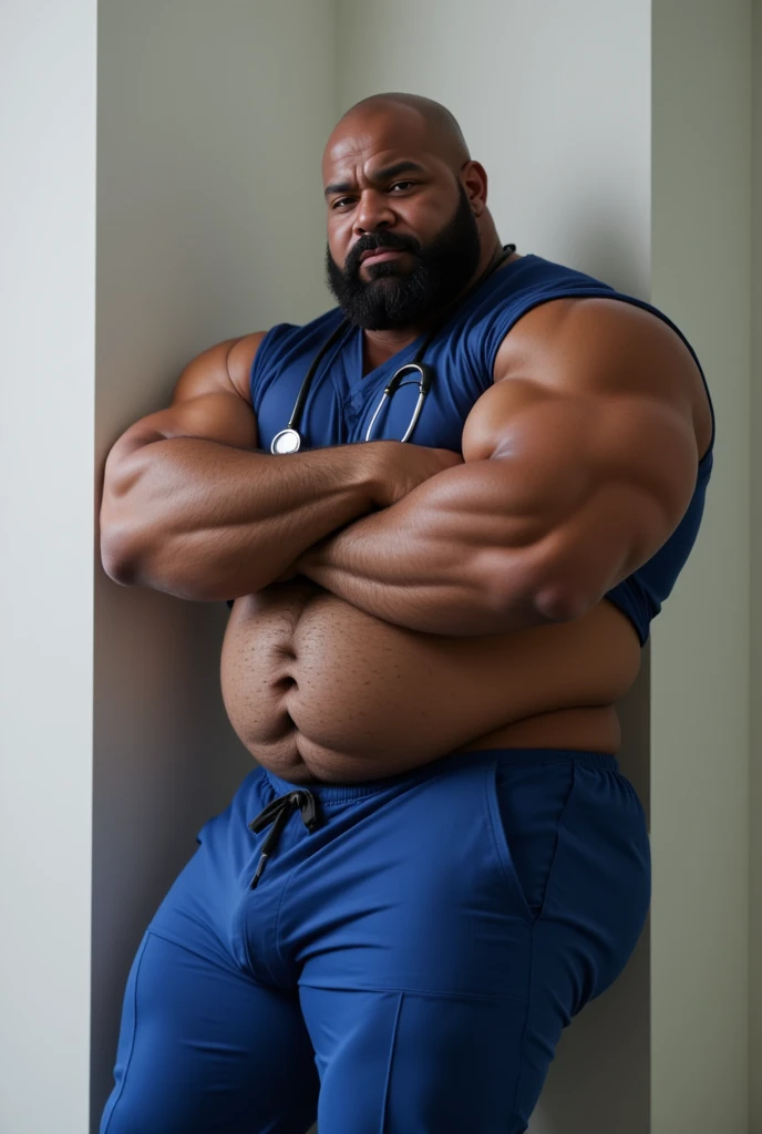 (8K Graphic Art) (fondo de un pasillo estrecho): Un solo hombre africano calvo sin pelo, cacheton gigante, obeso, muy barrigon, serio, 60 year old grumpy 35 meter tall bodyguard with a huge belly, corpulento de barriga con una forma redonda con un cuerpo obeso completo, standing in a hallway with a huge distended belly sticking out to the side like a huge beach ball, usando una camisa blanca uniforme, Long pants, gafas de sol con vientre enorme globo hinchado de 800 libras pesado lleno de mucha cerveza con una enorme barriga colgando entre sus rodillas, with his arms supporting his father's stomach