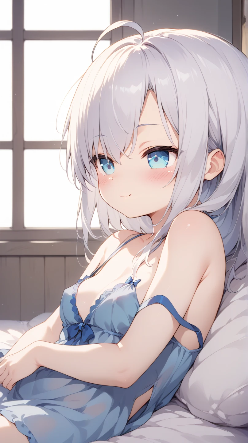 (masterpiece, best quality, ultra hires), key visual, vibrant, ultra detail, kawaii, cute, BREAK 1girl, , 12 years old, silver hair, ponytail hair,  blue eyes, slant eyes, medium breasts, cleavage, BREAK nude, light blue bra, light blue panties, BREAK cowboy shot, arms behind beck, embarrassed, full-face blush, bedroom,