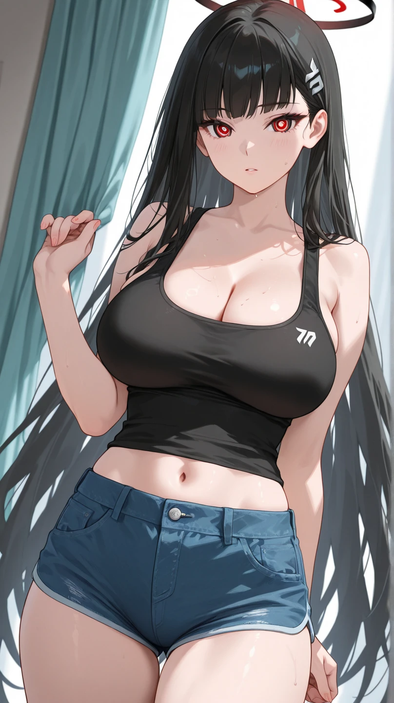 ,Open mouth, ,large breasts, BTPT-FC,wide hips,blush,girl,,,cowboy shot,wide hips,large breasts,,open mouth,,on bed,sweat,sitting,tifa,ff7,curvy,wet body,red eyes,very long hair,black hair,navel,suspender skirt,crop top ,white tank top