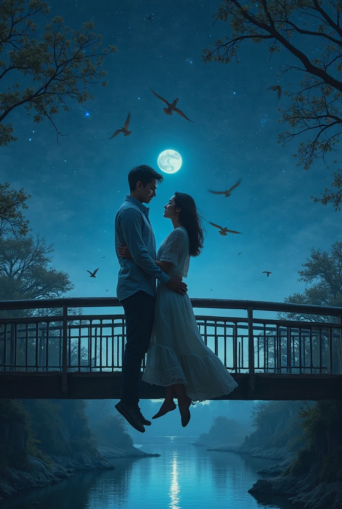 Romantic modern style，night，Backlight，A man and a woman sitting on a tree branch，There is a full moon behind，Alexander，repeat，Fresh colors，Soft colors，Diode lamp，Concept art style，Extremely complex details，Clear distinction between light and dark，layered，Ultra HD