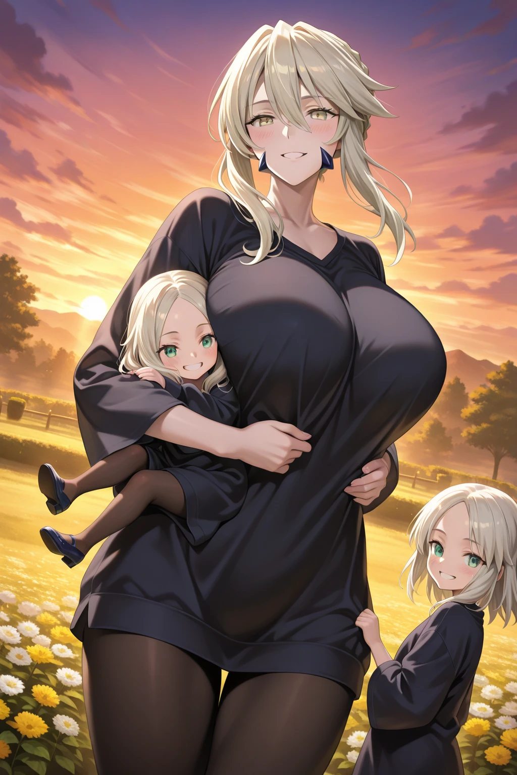 (high res, 8K, masterpiece, looking at viewer, best quality, very aesthetic, ultra detailed, ultra background, ultra Eyes) intricate details, 1girl, Tatsumaki, Black Dasters, Carrying the baby, Breastfeeding the baby, Sit on the chair, green short hair, green eyes, smile face, Cheeks Flushed, Background Backyard, Mountain, Cinematic Angle