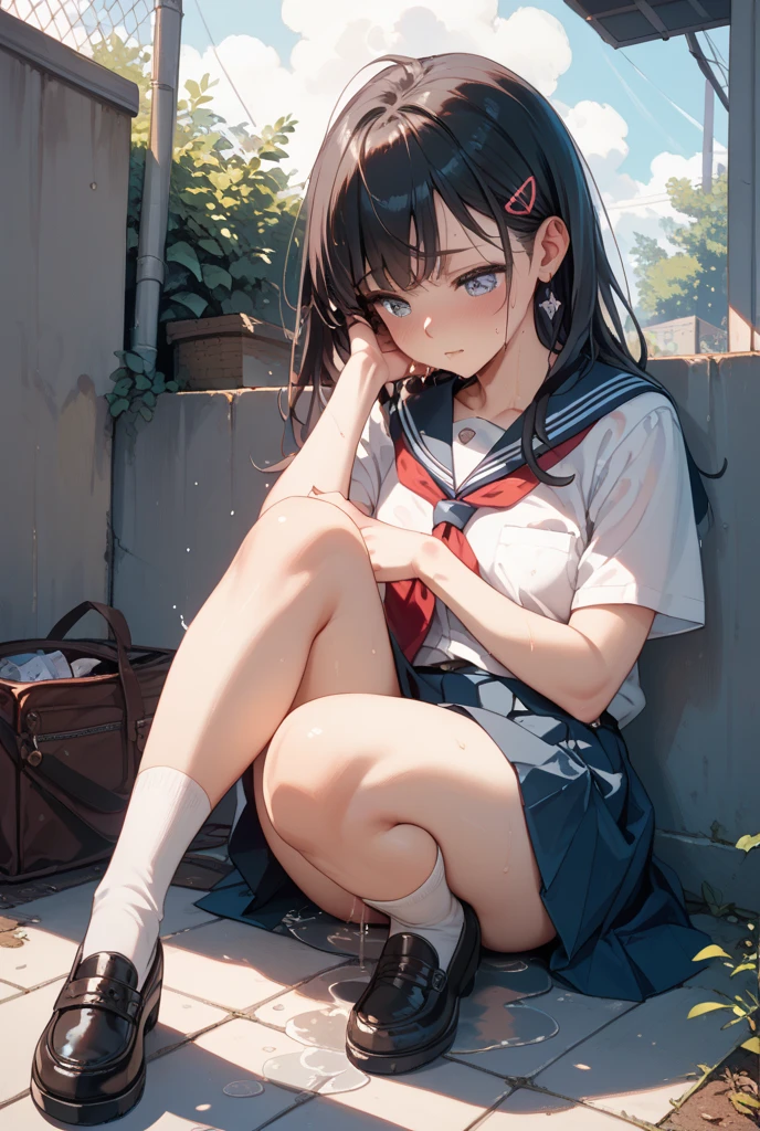 (master piece:1.4),Hypal Quality, Hyper Detailed,Perfect drawing,。.。.3D,16K illustrations、(((clearface)))、Hi-Res、1 persons、femele、(((Knees wide open)))、(((Crouching)))、(((Cigarettes in the mouth)))、Asian、(((Long Black Hair)))、bangss、(((Whitening skin)))、(((Pure white lipstick)))、((eyeshadows:1.3))、Raised corners of the eyes、(((Outrage:1.2)))、((Pull the chin))、(((squinted)))、((Kamimei:1.3)),((glares:1.4))、((half-opened mouth))、((Wrinkles between the eyebrows))、(numerous piercings in the ears)、(((Breakdown)))、(((White sailor suit)))、(White theme:1.3), (Fusion of white sundress and white uniform:1.4), ((White pleated skirt, long skirt of white color,,,):1.5), (White shirt with blue sailor collar:1.4), (Short sleeve: 1.2), (Light blue ribbon:1.3), (White skirt with blue line:1.2), ((White Buggy Socks:1.3, lowfers):1.2),(((White pleated skirt,Maxi skirt:1.3)))、A lot of thin rings on the wrist、80shair、Slums、Detailed drawing、Perfect Photo、Shot diagonally from above