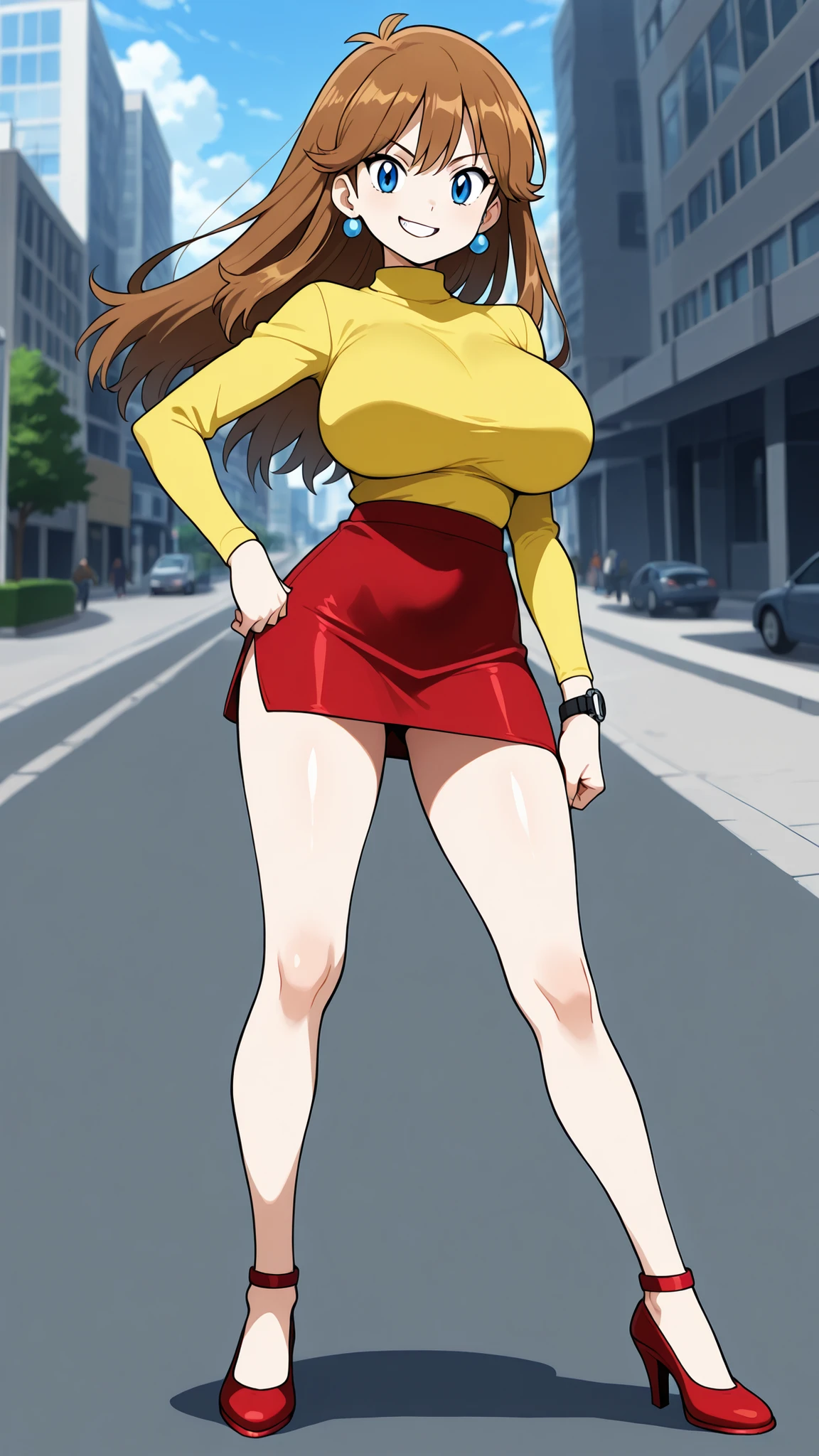 Create a crying woman running naked busty in public