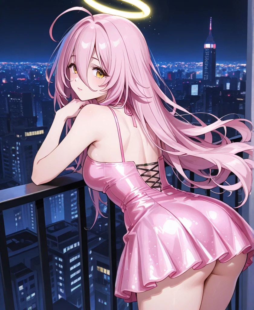 masterpiece, best quality, highres, BREAK,<lora:lala1:0.6>,,lala1,BREAK,
,shy smile,cyberpunk capital city nighttime, , mediaeval, feet out of frame, back viewing,looking down, collarbone,