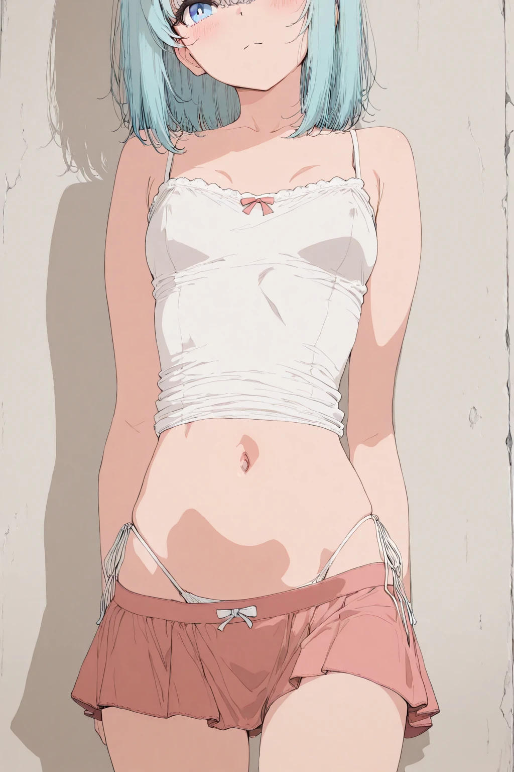 ((Best masterpiece, Perfect quality, Ultra detailed)), A skinny girl with small bust, Wearing camisole and black underwear-shorts.