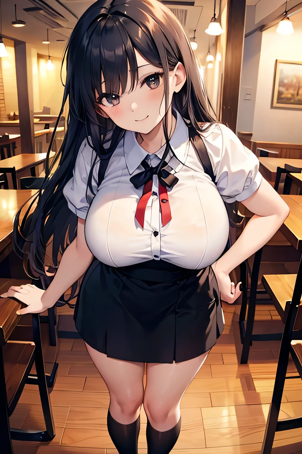 A sexy women, sexy body, curvy body, long straight black hair, twintail hair, ((red eyes, detailed eyes)), sexy lips, make up, red colored eyeline, smile, big breasts, sexy hips, sexy expression, anatomically correct, super detail, high quality, highres, 4K, (full body shot), ((fast-food worker uniform, hat, mini skirt, apron)), knee-high socks, sneakers, inside fast-food restaurant background, squatting, hand on cheeks