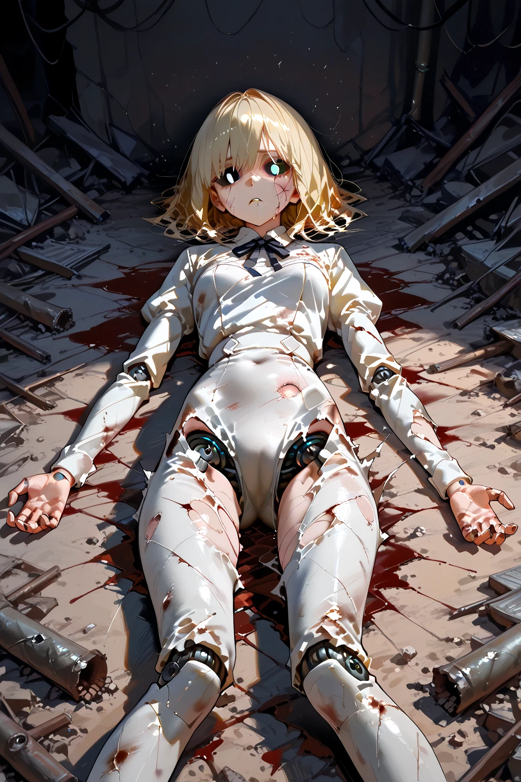 blonde hair, unconscious, bruised and bloody, sheer white spandex thong, tattered white cape, clothing torn, clothing covered in dirt and blood, torn fishnet stockings, dirty white leather thigh high boots, laying in a pile of rubble,  from waist up, exposed breasts, slender body, wound on abdomen, erect , long legs, sweaty, from above