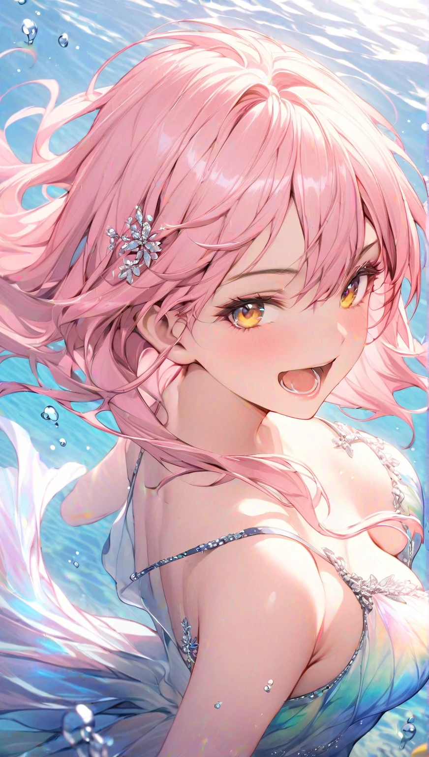 ACG 3D rendering,Pink hair, estrus, mermaid, exposed, Dreamy, Intricate details, 8k loli embellishment tiara,Pop on the art stage Imperial Sisters,Nuded and wearing nothing