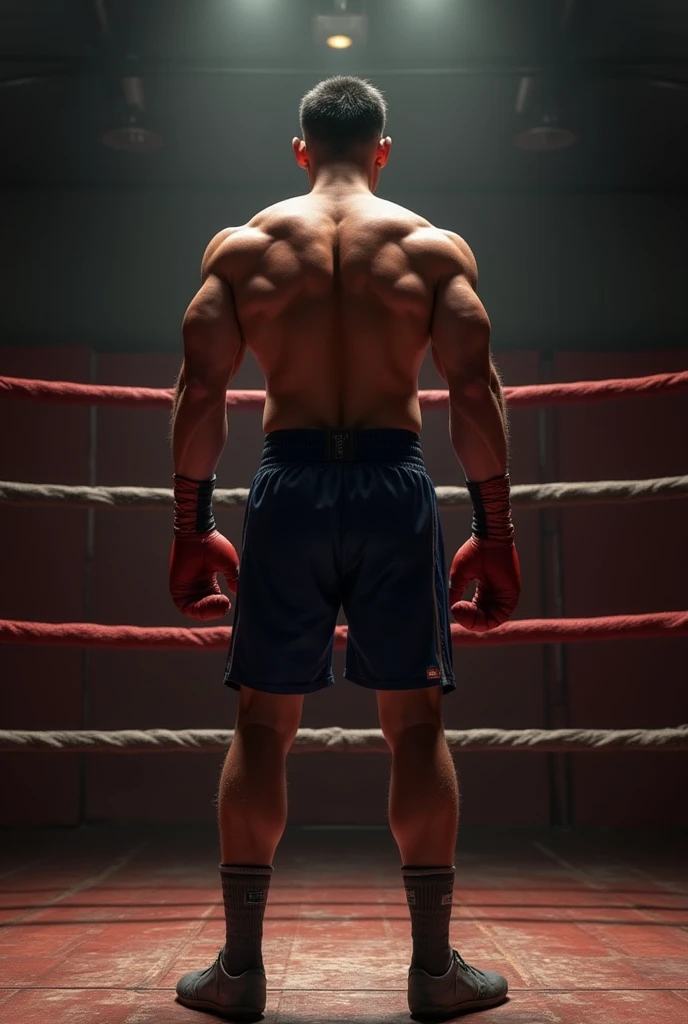 Describe a young Indonesian male with fair skin, slightly chubby, standing at 170cm tall, in a photo studio with an aesthetic wall backdrop, facing away from the camera, wearing clothes., Full boxing pants with boxing gloves and boxing robe. Realistic photo, 8k, HDR