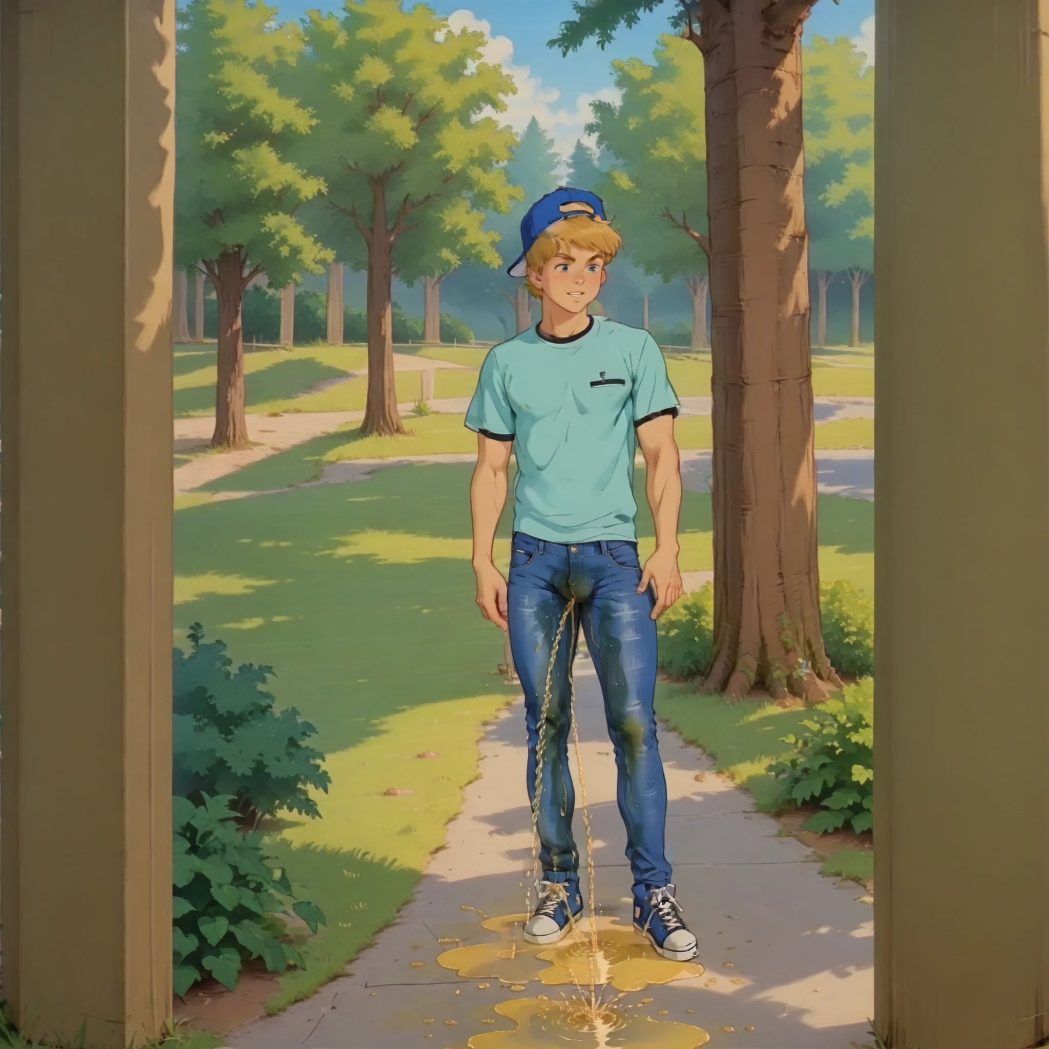 Chad Finletter, 1boy, male focus, hat, baseball cap, solo, blonde hair,,on a beach the sporty boy, is standing. He wearing extra high converse knee-high sneakers. His eyes gleam with determination, his muscles straining against the tight jeans-leggings that cling to his legs like a second skin. The air is thick with the smell of effort and the eerie intensity of his workout.  (peeing self:1.8), (peeing:1.8) (dynamic angle, standing pose:1.2), outdoors, (have to pee),  Close-up on pants (pee through jeans:1.2) small bulge. The denim leggings hug his legs tightly, accentuating every curve and muscle.  rear view
