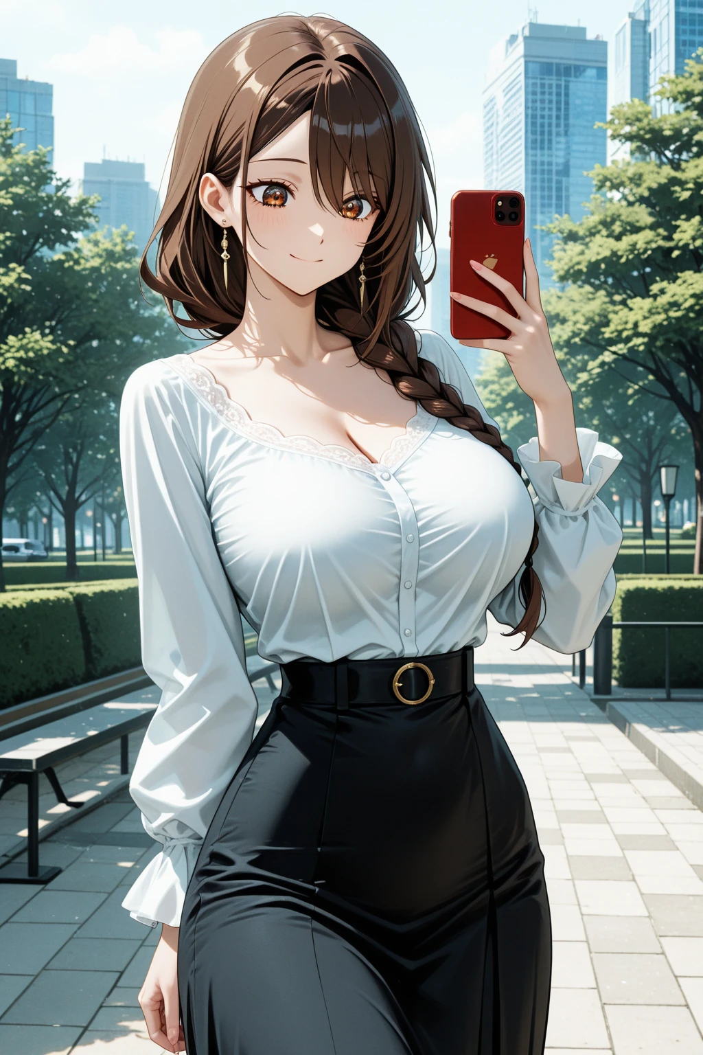 Game , goddess of victory nikke, Rapi , light brown hair,  alluring eyes ,beautiful face , crystal red eyes ,  long hair , Korean ruffles blouse with off shoulders tops , blue colour , cleavage,white colour solid ribbed knit pencil skirt ,selfie wind, only 1pcs hand bag,,g cup breast, slender waist, bewitching thighs, five fingers each hand, two hand ,two leg , in town, date, standing, beautiful, high heels, daylight, recreation park,
