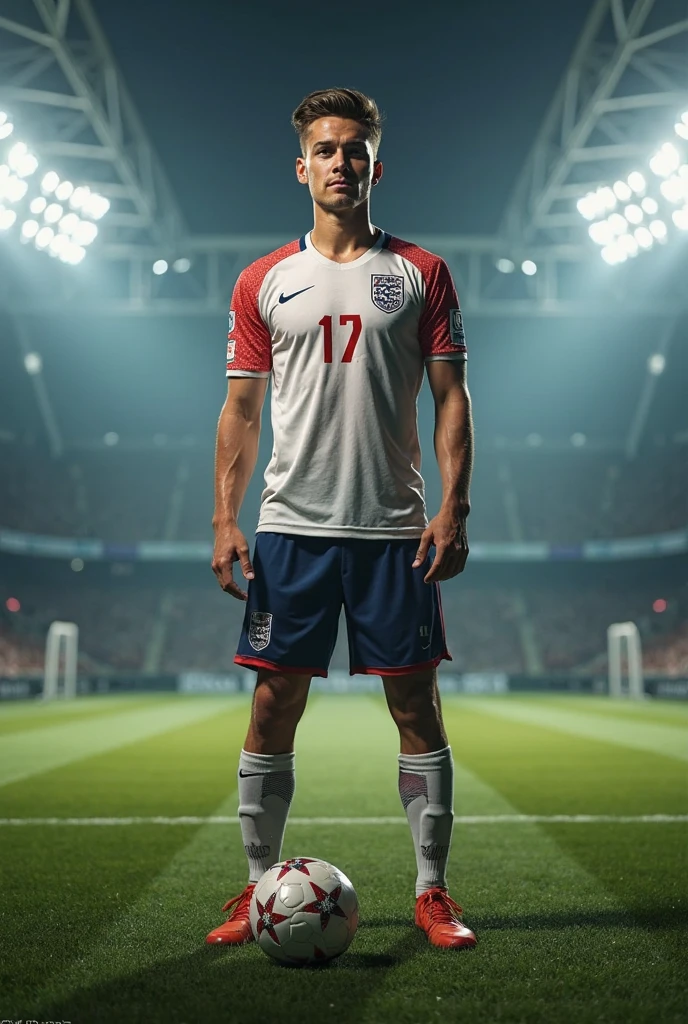 A football player, sexly, flexing, dressed in the England uniform, holding a football, muscled body, photo realist, 8k.